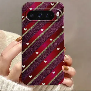 Pink Gold Stripes Hearts Film Hard Phone Case Suitable for Google Pixel 9 Pro XL/9 Pro 5G/9/ 8 Pro/ 8/ 8A/ 7 Pro/ 7/ 7a/10/10 Pro/10 Pro XL, The Perfect Smart Phone Cover Gift for Birthdays, Boys & Girls