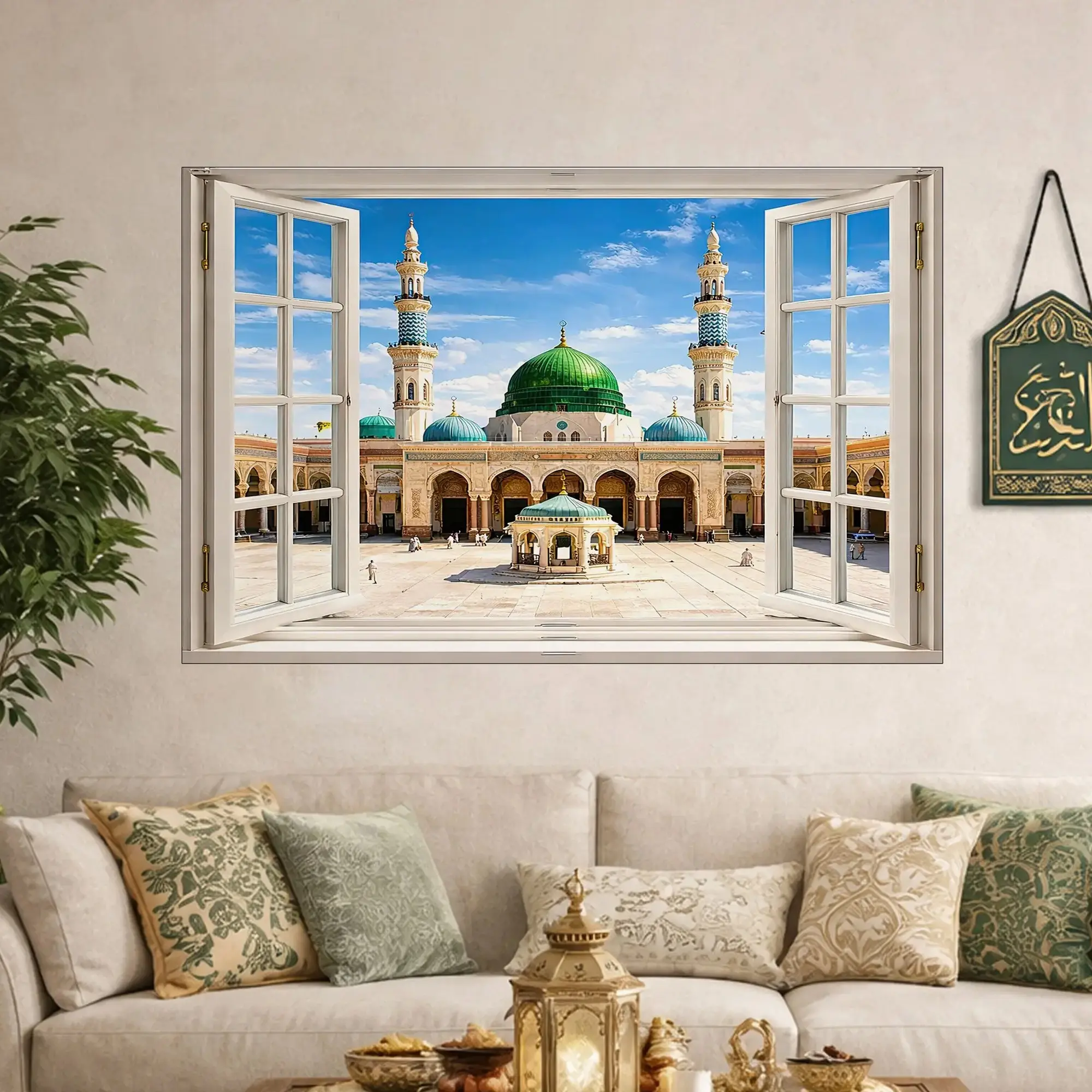2D Realistic Window View Mosque Wall Decal Decorative Wall Sticker Self-Adhesive Peel & Stick Wallpaper Mural Islamic Architecture Decor for Walls Ramadan Eid Home Decorations Wall Stickers Decor