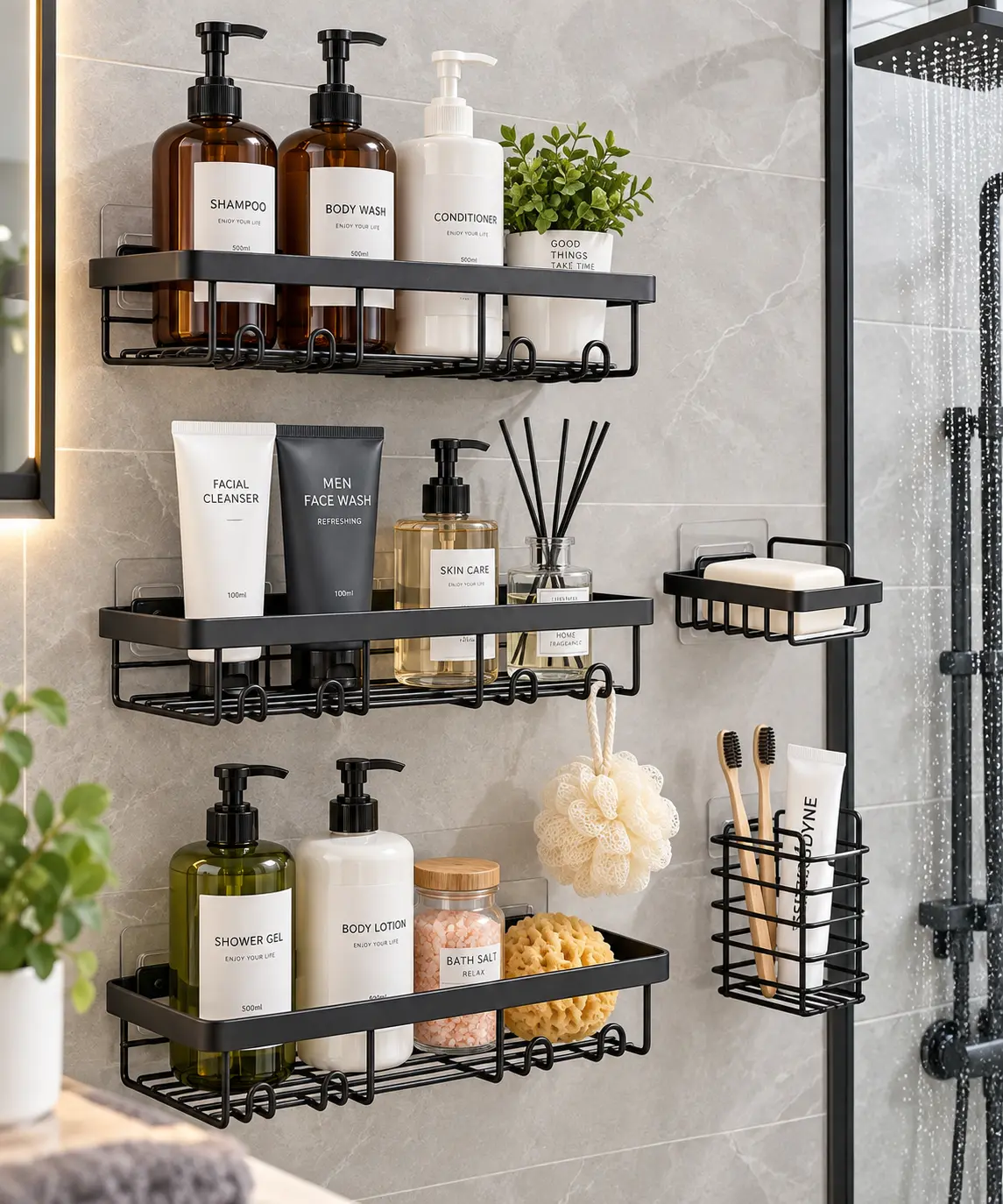 5Pcs Adhesive Shower Caddy Set, No-Drill Wall-Mounted Bathroom Organizer with 3 Storage Shelves, Soap Dish, Toothbrush Holder & Hanging Hooks, Black