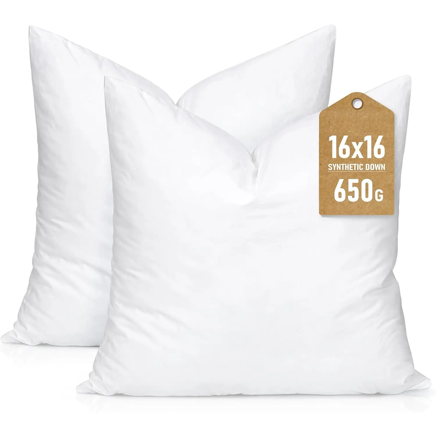 Synthetic Down Pillow Insert, 16x16 Down Alternative Throw Pillow Insert. Ultra Soft Fluffy Sleeping Pillow with  Cotton Cover, Decorative Pillows Set of 2-White.