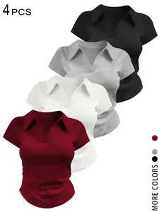 Women's 2026 4 Pcs Solid Color Slim Fit Polo Top Set，Trendy Y2K Cute Aesthetic V Neck Short Sleeve Tees，Viral TikTok Coquette Preppy Style Fashion for Daily Streetwear & Office Look，Versatile Outfits for Summer, Going Out, Work & Layering