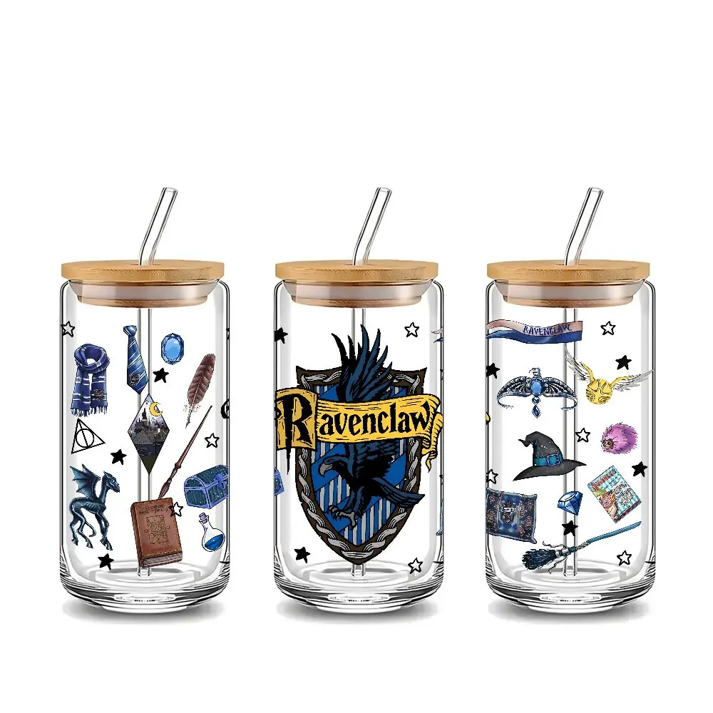 Magic Academy Ravenclaw House Eagle Crest 16oz Glass Can Cup with Lid and Straw, Tumbler, Reusable Glass Drinking Cup, Jar for Iced Coffee, Hot Chocolate, Stylish Fashionable Glassware, Wizardry Themed Drinkware, Perfect Gift for Magic Academy Fans