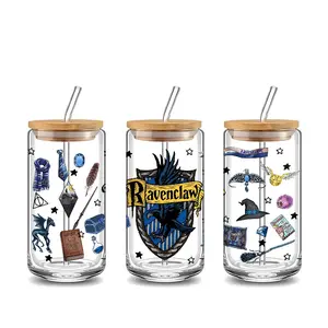 Magic Academy Ravenclaw House Eagle Crest 16oz Glass Can Cup with Lid and Straw, Reusable Glass Drinking Cup, High-Quality Jar for Iced Coffee, Hot Chocolate, Stylish Fashionable Glassware, Wizardry Themed Drinkware, Perfect Gift for Magic Academy Fans
