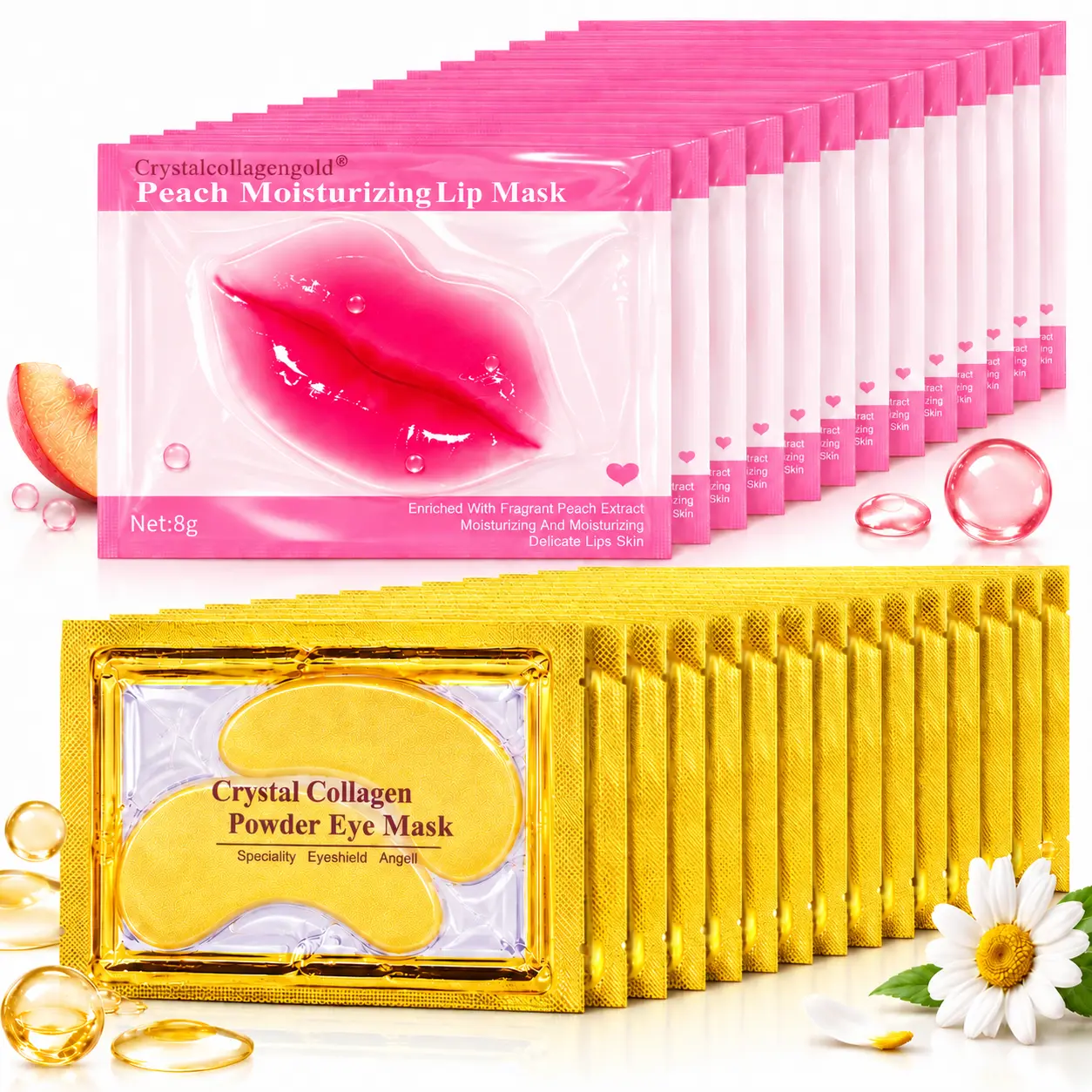 30 Pcs Lip & Eye Care Set (15Pcs Eye Mask + 15Pcs Lip Mask) – Hydrating Collagen Peach Lip Patches for Chapped Lips, Golden Hydrogel Eye Patches for Dark Circles & Puffy Eyes, Deeply Moisturize & Nourish Lip and Under Eye Skin