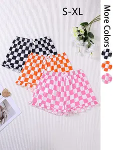 Women's Checkerboard Print Bow Decor Ruffle Pajama Shorts, Casual Comfy Elastic Waist Shorts for Daily Wear, Ladies Sleepwear for All Seasons, Pajama, Womenswear