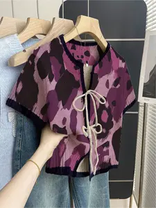 Women's khaki bohemian vacation short-sleeve knit top. Loose round neck, contrast leopard print, front tie and contrast piping. Comfortable for spring & summer casual wear. Womenswear