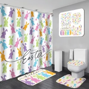 4/8Pcs Easter Bunny Bathroom Decor Set including 70x70in Waterproof Bunny Flower Shower Curtain with Hooks & Non Slip Bath Mat & U shaped Rug & Toilet Lid Cover for Spring Bathroom Makeover Home Supplies