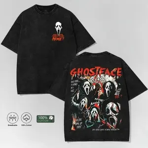 Ghost Face Horror Retro Vintage Washed Graphic Tee Scary Movie Print Oversized Short Sleeve Unisex Casual Streetwear Trendy Halloween Festive Daily Outdoor Summer Fashion Soft Cotton Loose Fit Adult Stylish Daily Outfit Top