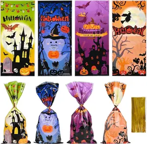 Halloween Cellophane Treat Bags 100pcs Clear Plastic Bags for Snacks Cookies with Halloween Designs and Gold Twist Ties