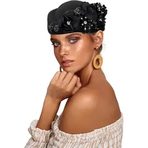 European and  retro  felt headscarf hat women's church derby headdress with floral women's soft beret