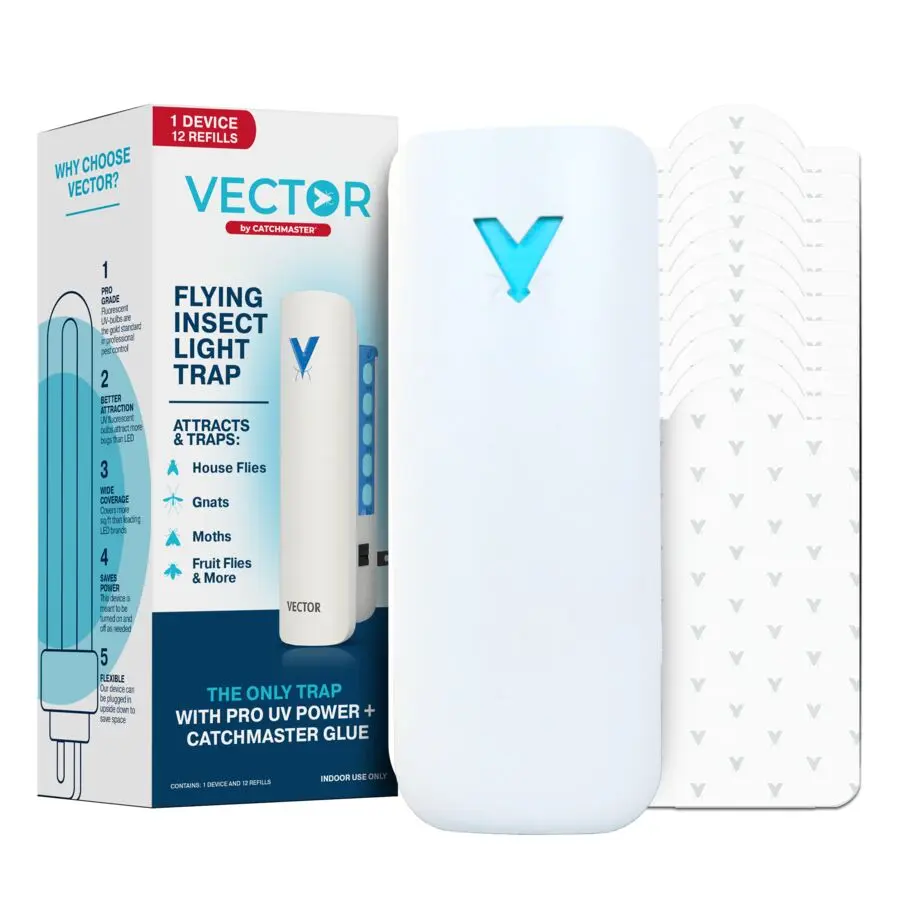 Catchmaster Vector 9 Plug-in Flying Insect Trap - Home Residential Pest Control, Compact UV Light Bug Catcher for Gnats, Silent Indoor Trap for Kitchens & Plants, 12 Ultra-Sticky Glue Boards, 1-Year Refills Included