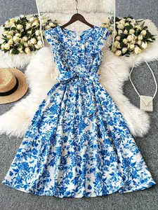 【Plus Size】 Floral Print Tie Shoulder Cami Dress, Boho Sleeveless Spaghetti Strap Long Dress for Beach Holiday Vacation, Women's Clothes for All Seasons