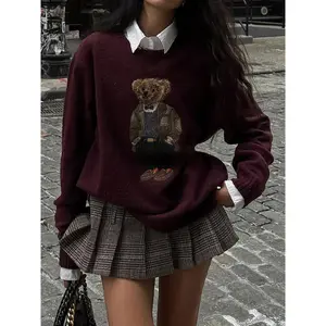 Women's Bear Round Neck Knit Sweater, Fashion Casual Long Sleeve Jumper, Spring Fall Going Out Womenswear Tops