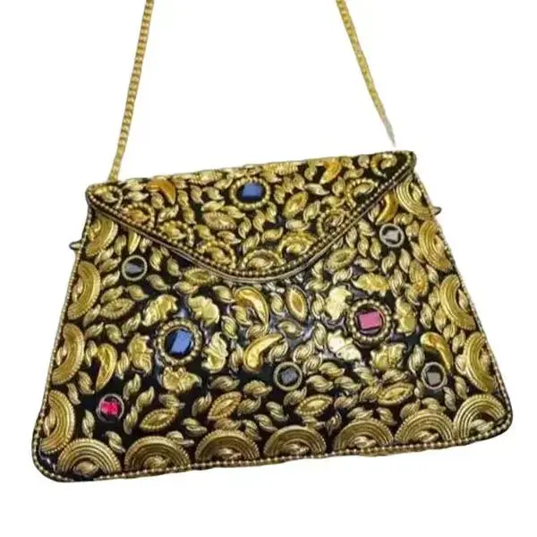 Golden Beaded Mosaic Clutch Bag with Metal Chain - Simple Distinctive Design Featuring Golden Color Beads