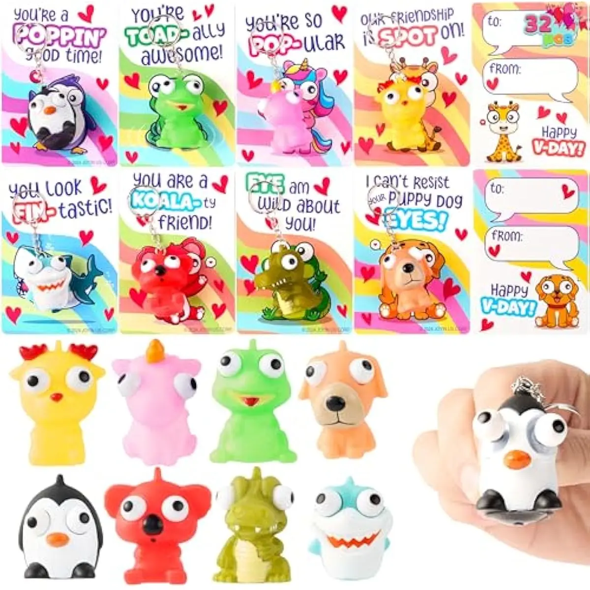 32 PCS Valentines Day Gift Cards with Animal Popping Eyes Keychains for Gifts Party Favor, Classroom Exchange Prizes, Valentines Greeting Cards