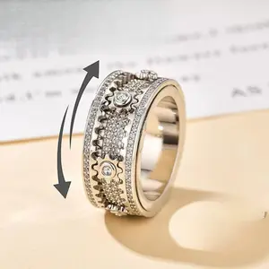 Unisex 8mm Non-Tarnish Cubic Zirconia Rotating Gears Fidget Ring, Multi-Sized Adjustable Expandable Mechanical Stress Relief Accessory, Valentine's Gift for Her, Fidget Rings, Cubic Zirconia Rings