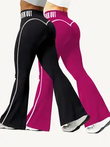 Women's Fall Winter Two-Piece Set Colorblock Letter Fitness Bell Bottom High Waisted Tight Yoga Pants High Waist Leggings
