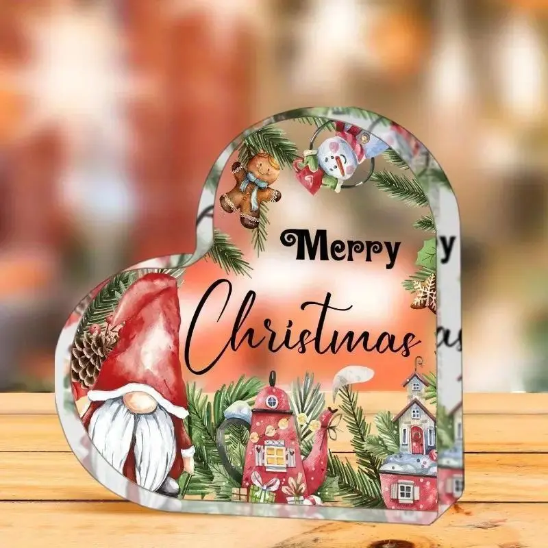Merry Christmas Themed Heart Shaped Acrylic Ornament, 1 Count Lovely Santa Claus Pattern Desktop Decoration, Table Centrepieces, Party Decor Supplies, Home Decor