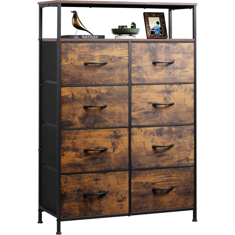 Fabric Dresser for Bedroom with Open Shelves, Tall Dresser with 8 Drawers, Storage Tower with Fabric Bins, Chest of Drawers for Closet, Hallway, Rustic Brown  Grain Print