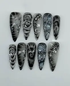 Gothic Chrome Flame Press On Nails – Black & Smoke Base with 3D Silver Molten Designs, Rose Swirls & Claw-Like Details | Dark Grunge Nail Art Set