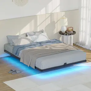 Floating Bed Frame Full Size with LED Lights 7.7 Inch Heavy Duty Metal Platform Queen Bed with Underbed Storage Space Steel Slat Support Anti-Slip Easy Assembly, Black