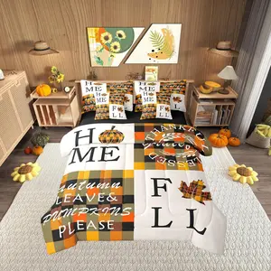Autumn Bedding Set,7 Pieces,Fall Maple Leaves Pumpkin Thanksgiving Day Comforter Set with Sheets for Kids,Orange Beige Plaids Grids Patchwork Bed Set,in a Bag with Pillow Covers