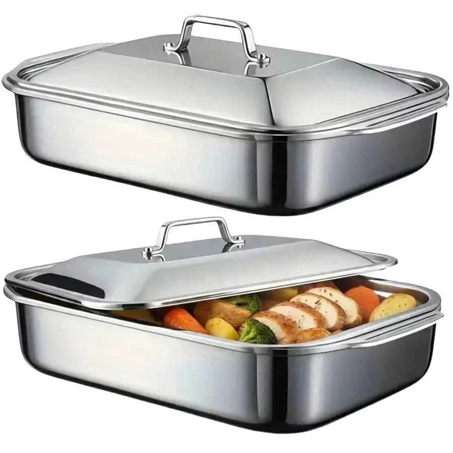 16x9x3in Extra Large Stainless Steel Baking Trays with Lids, Rectangular Roasting Pans for Oven, BBQ, Seafood & Family Meals, Heat Resistant Cookware for Thanksgiving, Christmas & Holiday Cooking,Gifts for Busy Moms