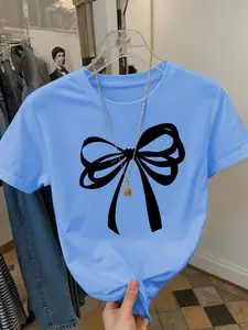 Girls Summer Fashion Bow Tie Print Short Sleeve T-Shirt, Casual Outdoor Wear, Comfortable Fit, Moderate Fabric, Perfect for Summer Activities, Cute bow tshirt