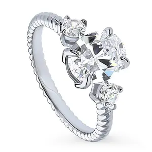 BERRICLE Sterling Silver 3-Stone Cable Wedding Engagement Rings for Women, 1.8 Carat Oval Cut Cubic Zirconia CZ Ring
