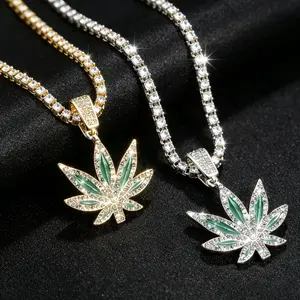 Iced Out Maple Leaf Pendant Necklace, Hip Hop Style, Gold/Silver Plated, with Tennis Chain or Twisted Chain, Multiple Lengths, for Men/Women