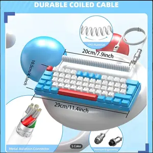 T60PRO 60% Mechanical Keyboard And Mouse Combo+Coiled USB C Cable, Compact RGB LED Backlit Keyboard, Linear Red Switch, 6400 DPI Programmable RGB Mouse For PC Mac Gamer(Blue&White)