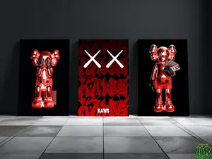 Set of 3 Red KAWS Graffiti Digital Wall Art Posters, Hypebeast Decor Prints