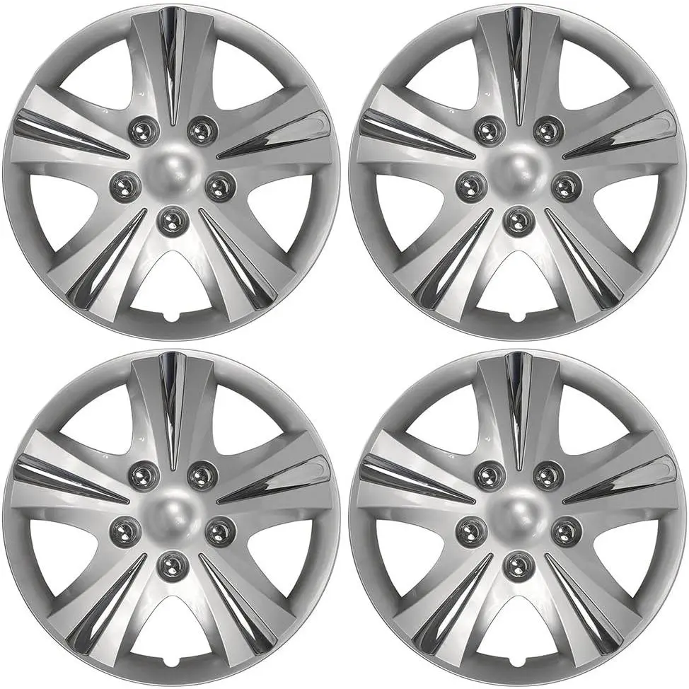 Custom Accessories 4-Pack 15" SGT-5 Wheel Covers, Replacement Hubcaps for Cars, Trucks, SUVs — Silver/Chrome