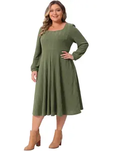 Agnes Orinda Women Plus Size Knit Dress Square Neck Long Sleeve Casual Flowy A Line Midi Dresses with Pockets Army Green