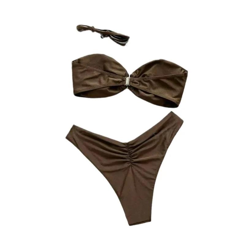 New Pure Color Shoulder Bikini Three-point Women's Swimsuit Holiday Vacation Style Fashionable Chinese Brand AE Stock