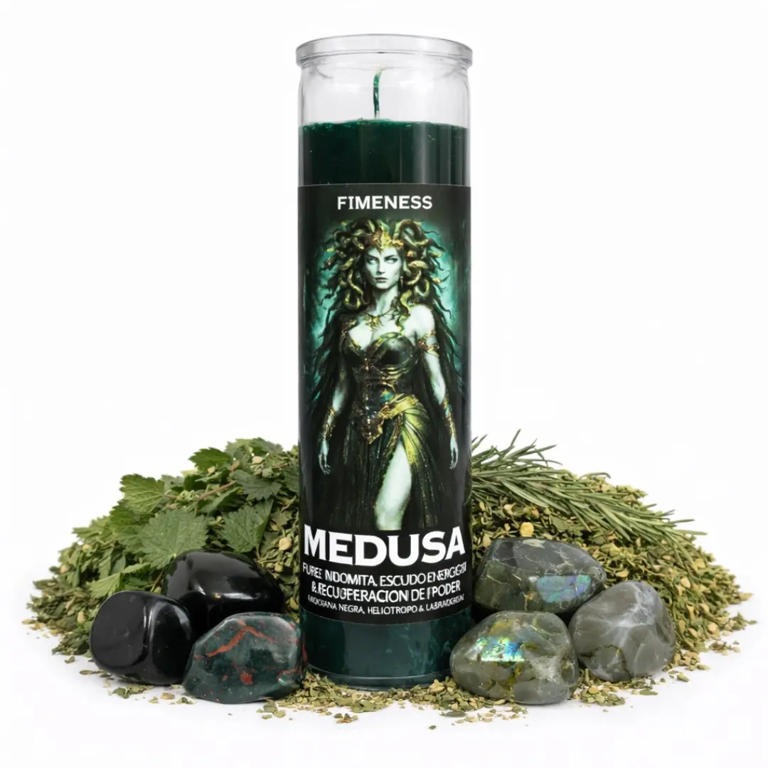 FIMENESS - MEDUSA SEVEN DAY PRAYER CANDLE - CRYSTAL AND HERB INFUSED