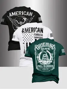 Men's Summer Fashion T-Shirt Set of 3, American Vintage Patriotic Flag Print, Round Neck Soft Casual Short Sleeve, Outdoor Streetwear