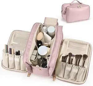 Women's Travel Makeup Bag, Portable Large Capacity Cosmetic Organizer, Wide Opening, Waterproof, Vertical Toiletry Bags, Easy Access Brush Holder, Pink,White