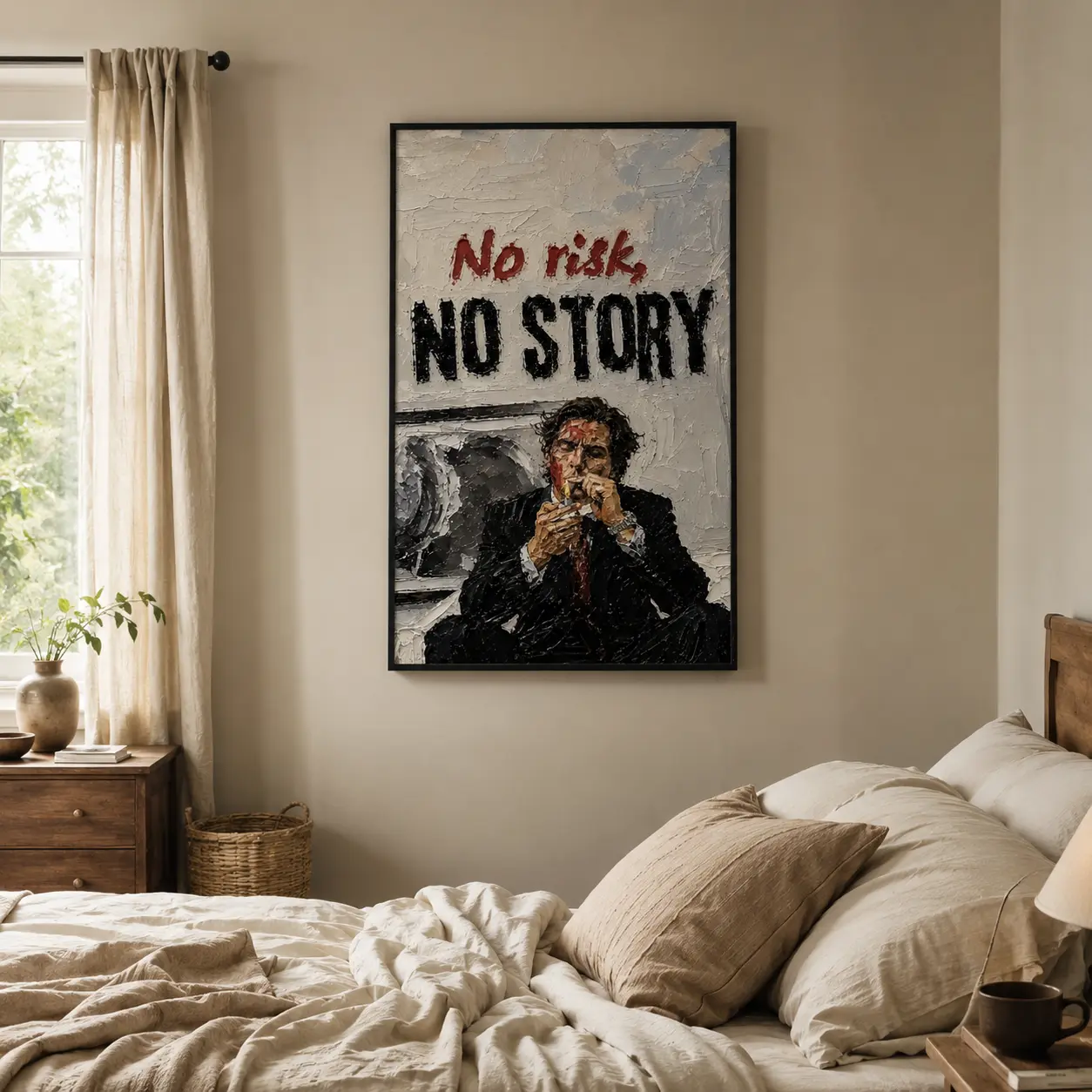 No Risk No Story Poster with Vintage Noir Suit Character Wall Art