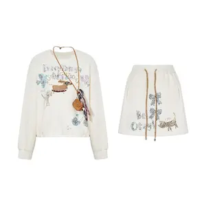 TCH - Hotfix Rhinestones | 25 | New | Lazy Fashion | White | Round Neck | Sweatshirt and Skirt Set