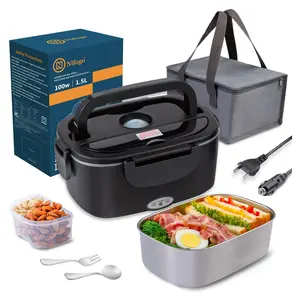 Electric Lunch Box, Portable Food Heater for Adults, Fast Heating Food Warmer for Car Truck Home Office 110V/12V/24V with 304 Stainless Steel Container, Fork Spoon and Bag
