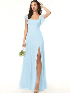 Azazie Bondi Square Neck Flutter Sleeve Slit A-line Bridesmaid Wedding Ceremony Chiffon Dress Azazie Bondi Square Neck Flutter Sleeve Slit A-line Bridesmaid Wedding Ceremony Chiffon Dress