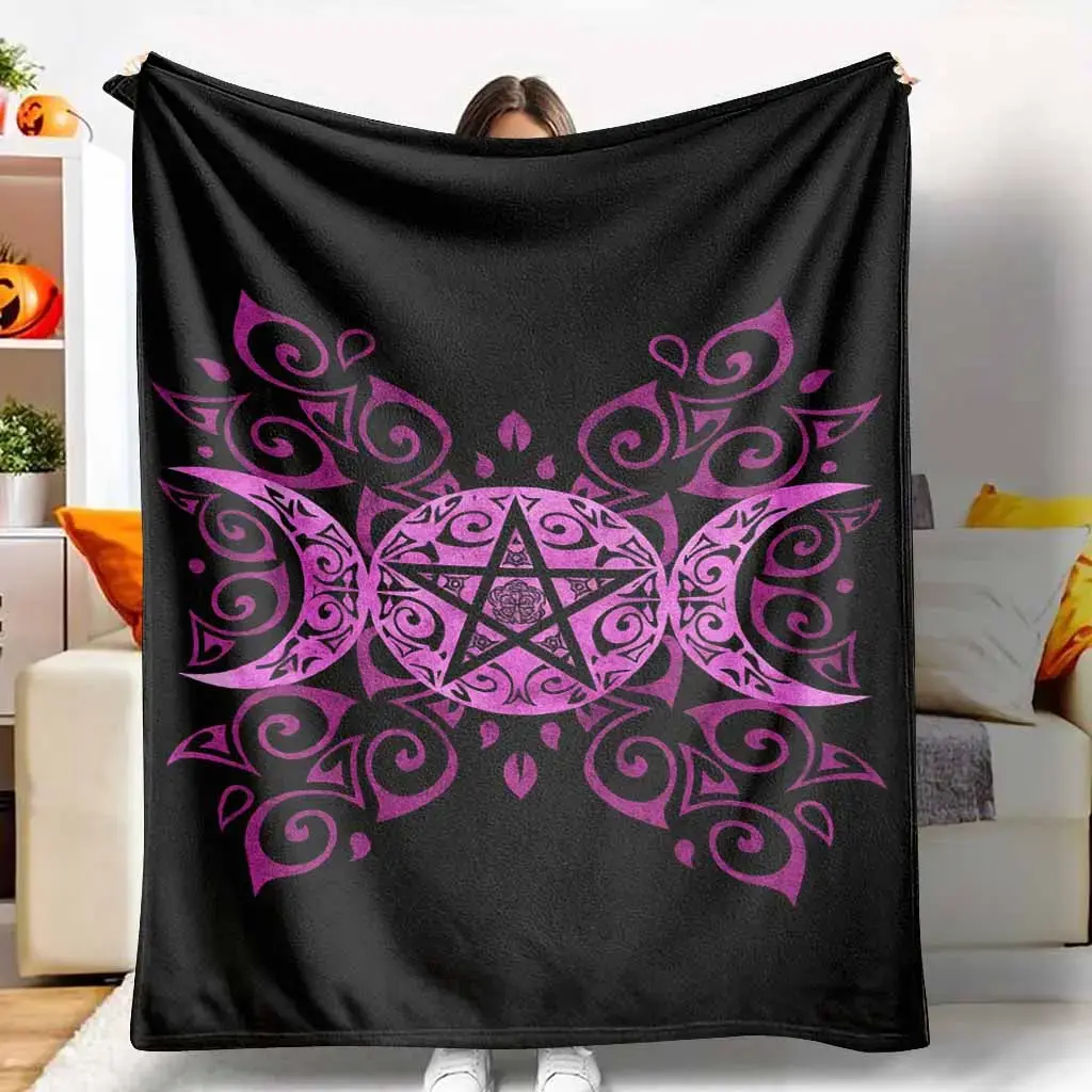 Triple Moon Goddess Motif Wiccan Pentacle Geometric Mandala 280g Polyester Flannel Blanket - Super Soft, Fluffy Texture, Cozy, Lightweight, Warm, Decorative Witchcraft Accent, Machine Washable Home Room Decor Throw for Couch, Camping Gifts, High-Polyester