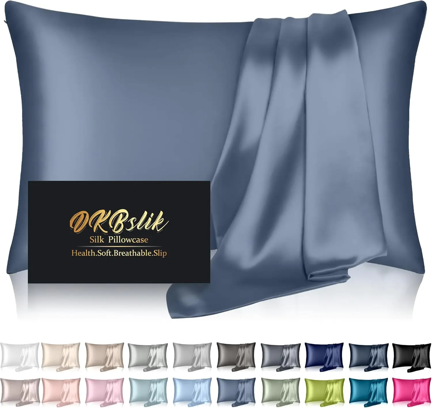 Silk Pillowcase for Hair and Skin, Mulberry Silk Pillow Cases Standard Size, Anti Acne Cooling Sleep Both Sides Natural Silk Satin Pillow Covers with Hidden Zipper, Gifts for Women Men, Ash Blue Breathable Milk
