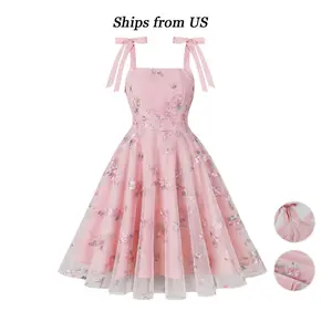 Women's pink tulle bow halter strap retro fitted full skirt bridesmaid dress cocktail retro dress, birthday dress, sleeveless floral bridal elegant weddings dress Formal Cute wedding dress