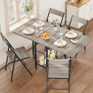 Folding Dining Table and Chair Set – Drop Leaf Foldable Kitchen Table with 4 Chairs, Space Saving Dinner Table Set with Storage Shelf and Lockable Wheels, for Kitchen, Dining Room, or Small Apartment