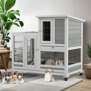 AECOJOY Indoor Rabbit Hutch with 2 Deeper No Leak Trays & 4 Casters, 37 Inch Rabbit Cage Pet House for Small Animals Outdoor Bunny Hutch with Run, Grey