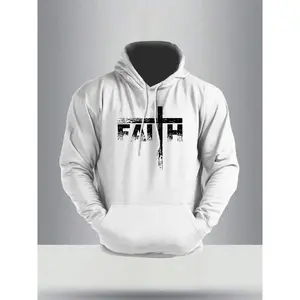 Men's Plus Size Hooded Sweatshirt, Faith Cross Print, Vintage Style, Casual Fitted Design, Fall & Winter Fashion, Trendy Streetwear