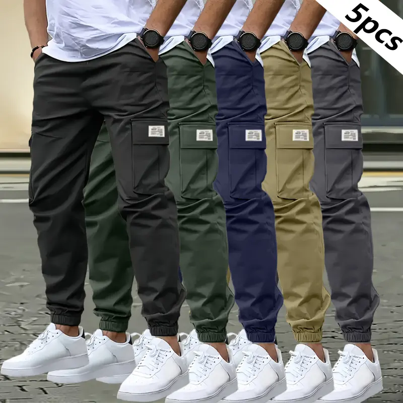 Men's 5-Pack Fashion Plain Cargo Jogger Trousers - Drawstring Waistband, Multi-Pocket, Regular Fit, All-Season, Suitable for Casual Work & Travel