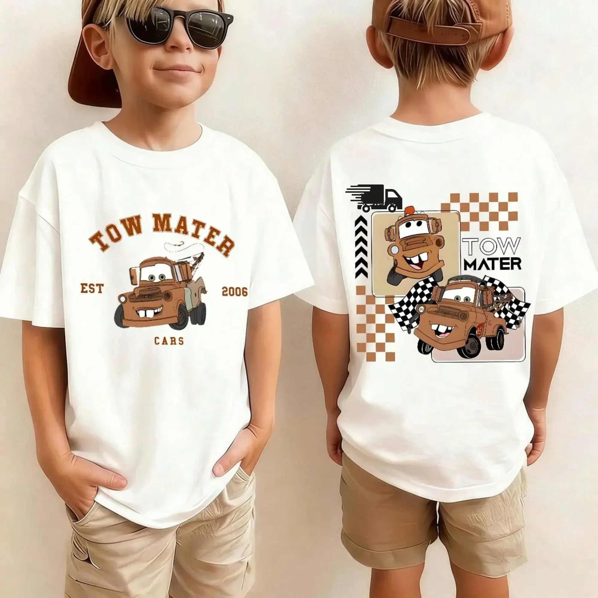 Retro Two Side Cars Youth Tee , Cars Movie T-Shirt, Mcqueen and Mater Retro Vintage Unisex Anime Graphic Tee